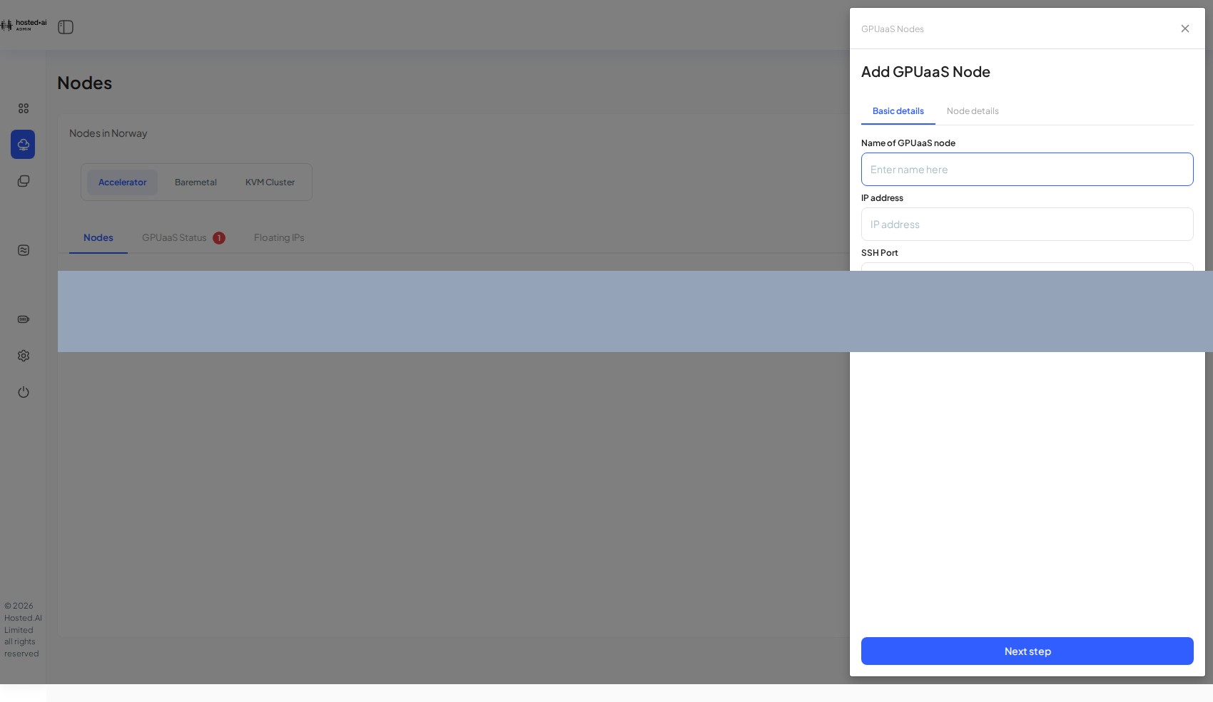 Add GPUaaS Node, step 1: name and SSH connection details.