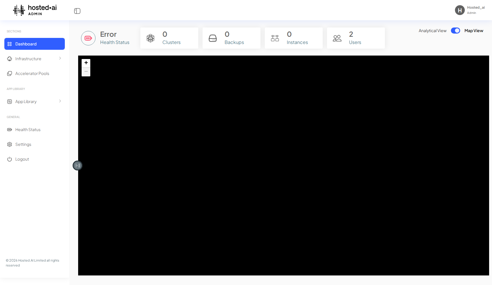 The admin dashboard maps your regions and links to the infrastructure views.