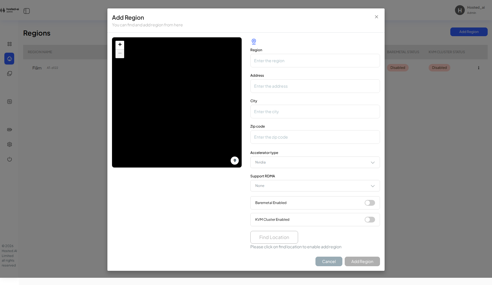 Add Region: name and geocoded location, plus per-region service toggles.