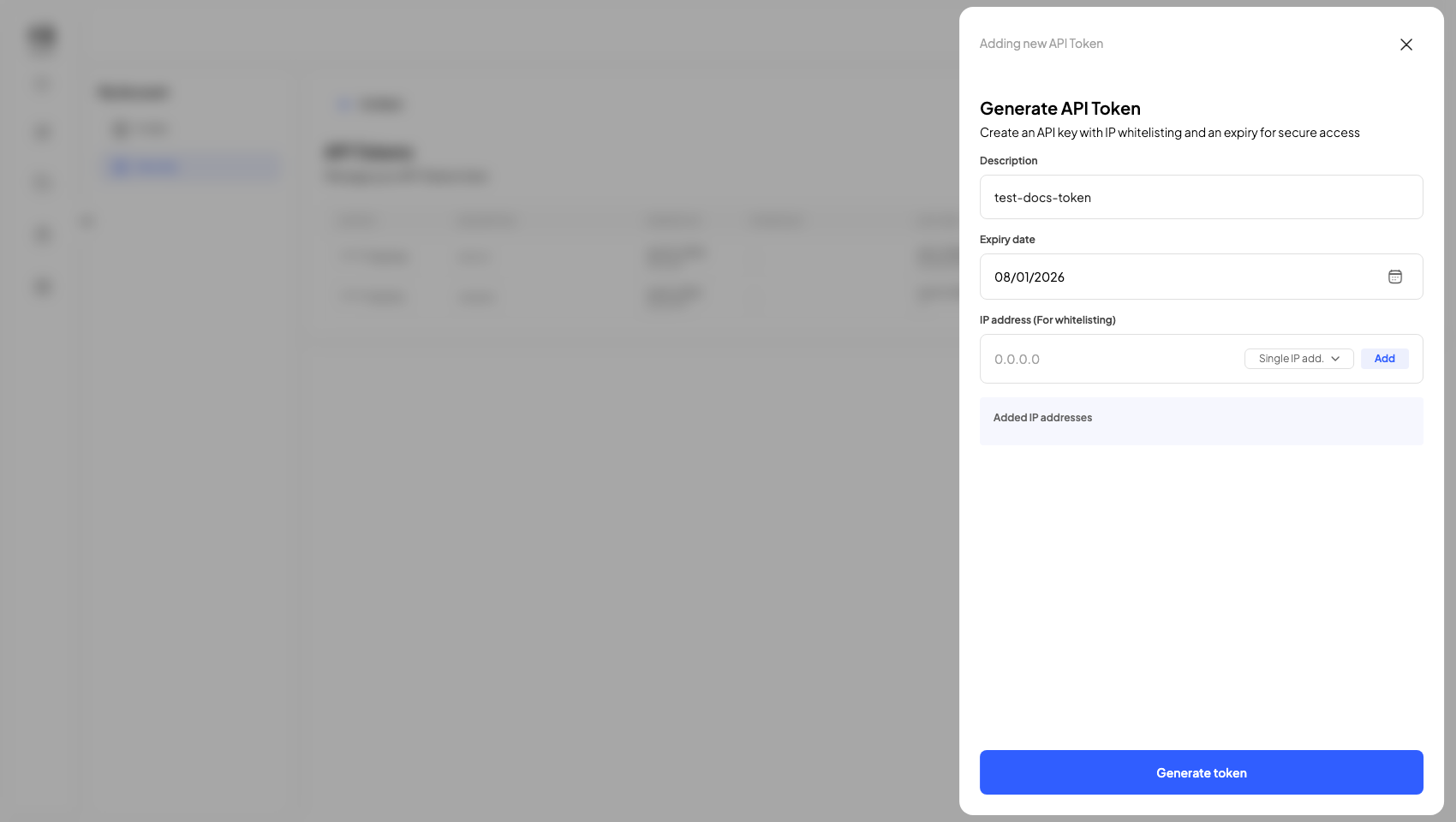The create-token form