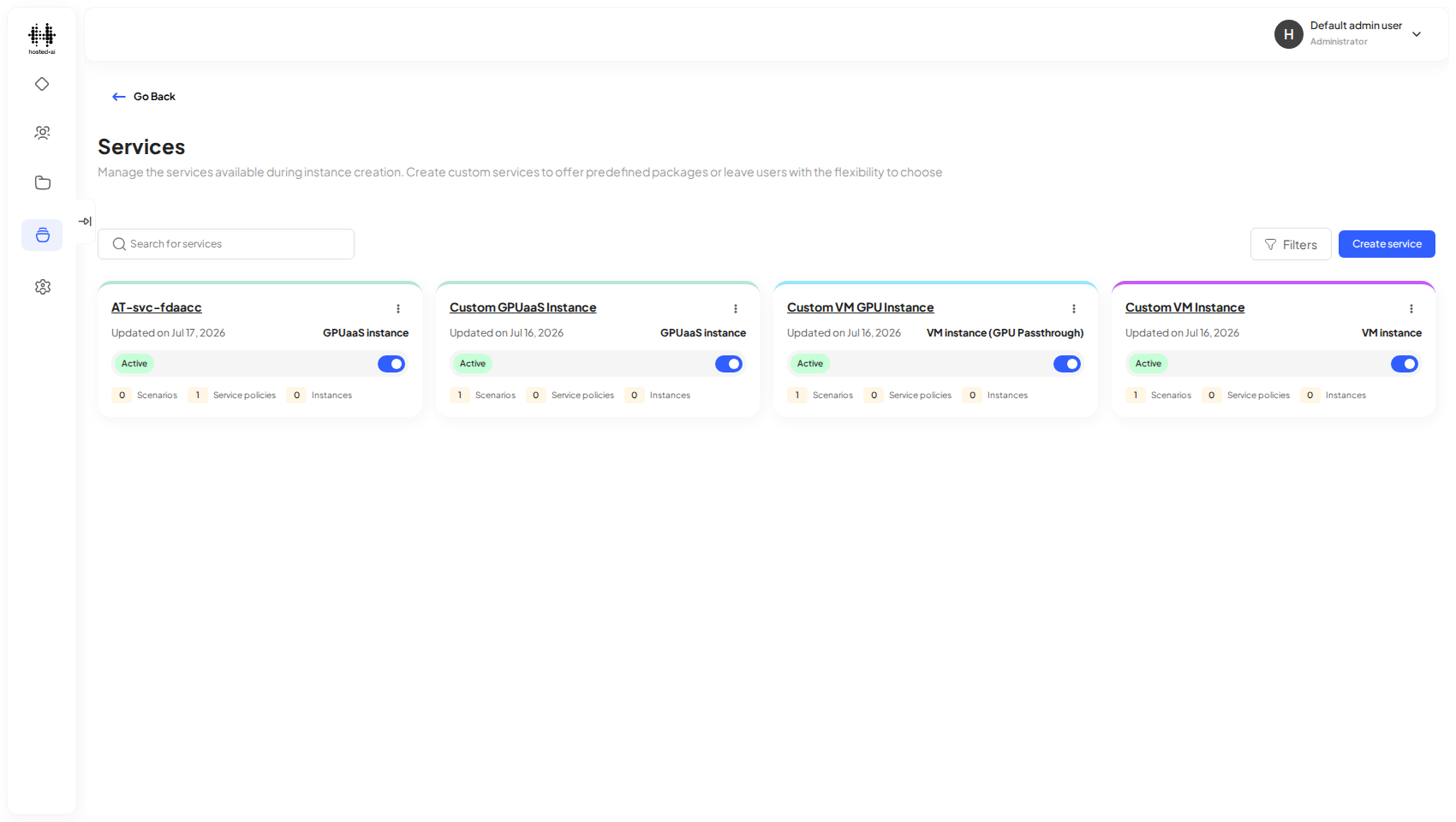 The Services page lists the service templates your team can deploy.