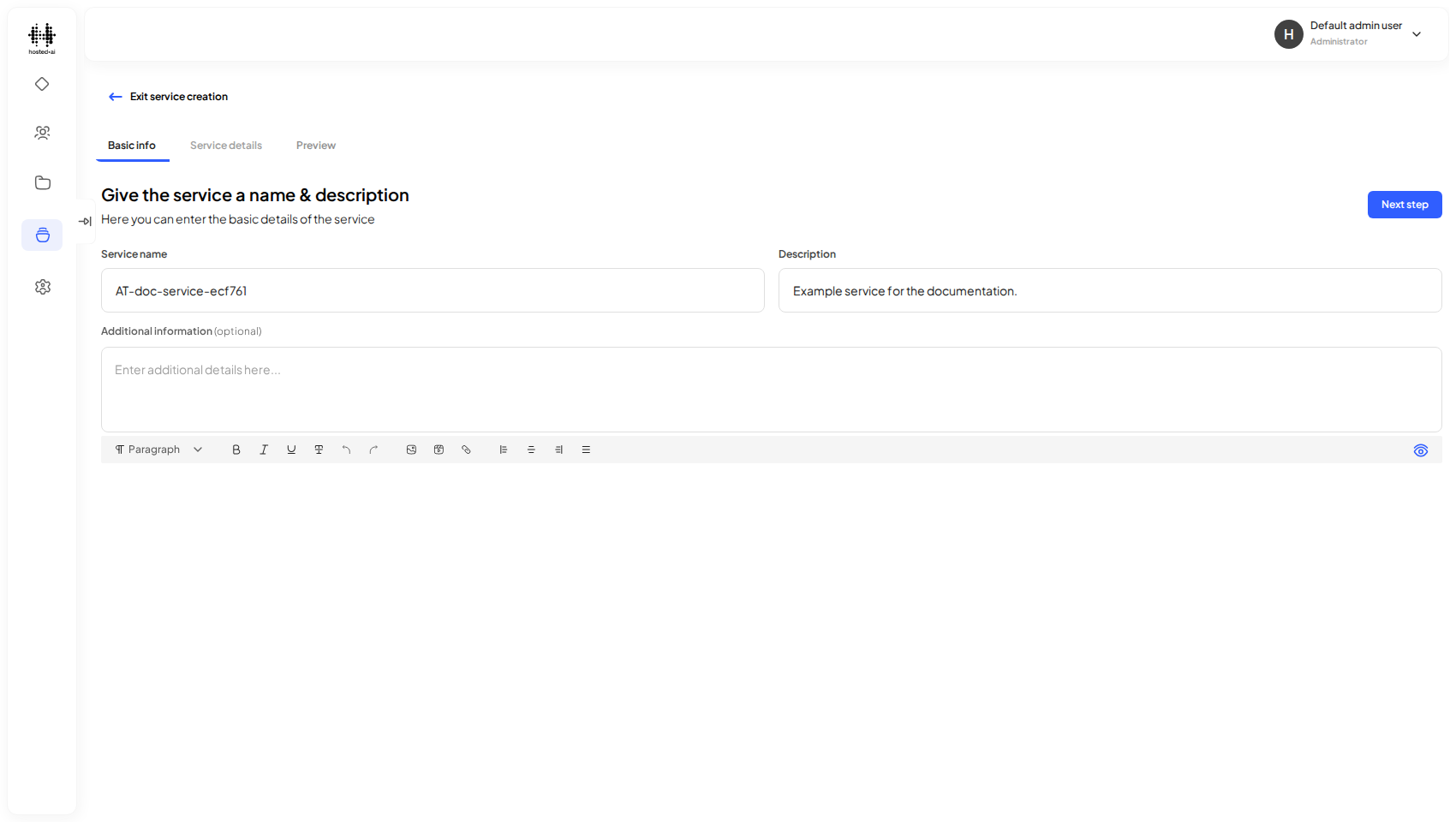 Step 1: give the service a name and description.