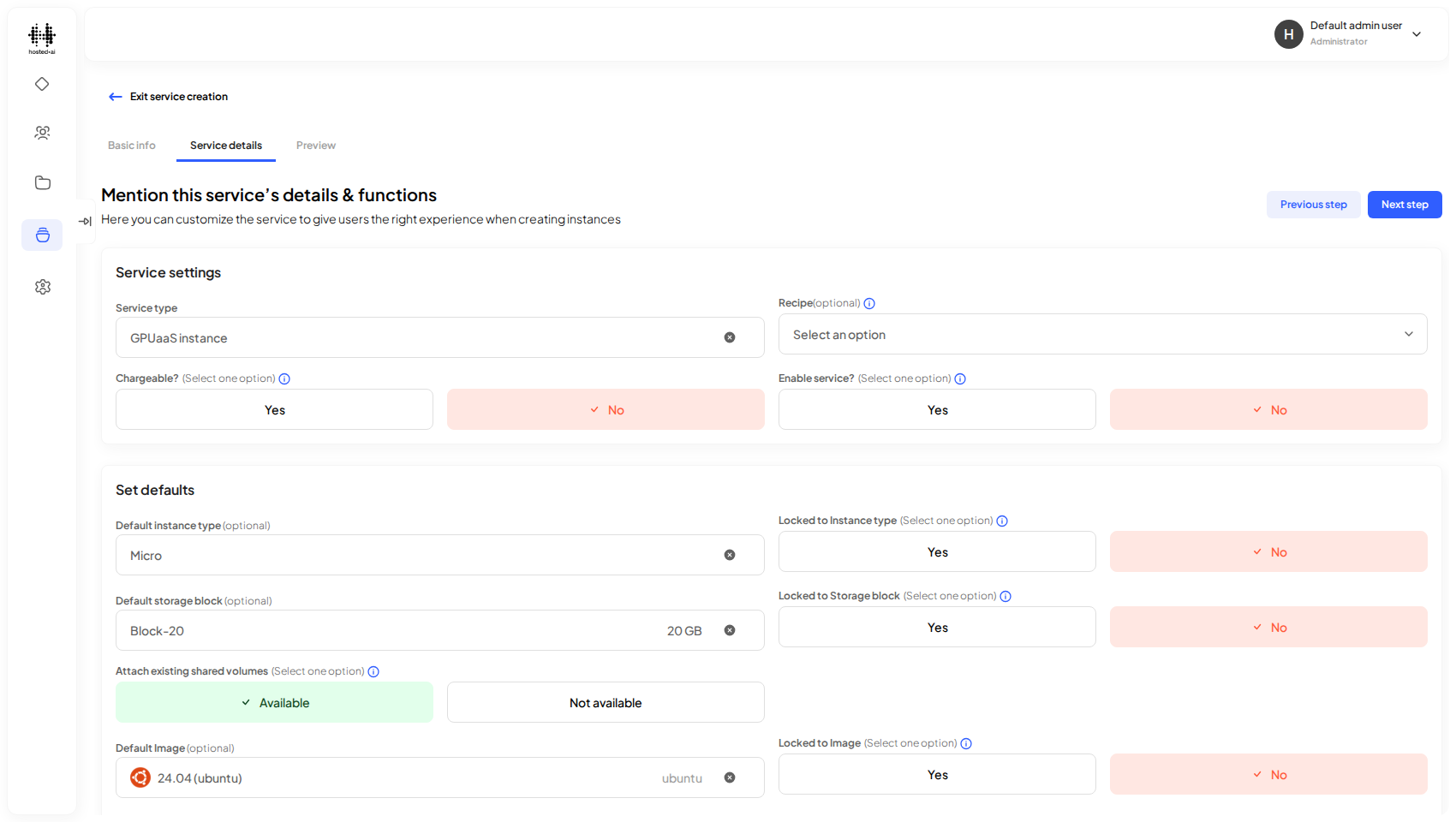 Set the default instance type, storage block, and image the service deploys with.